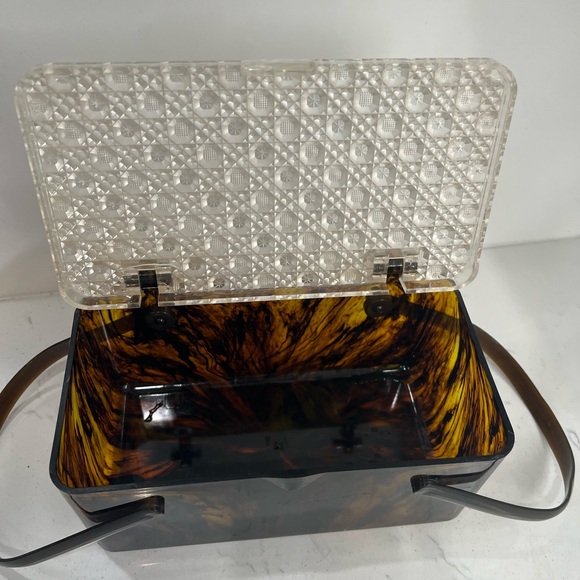 Vintage Lucite Tortoise Amber Box Handbag 1950s Basket Handle Bakelite Purse - Picture 4 of 6